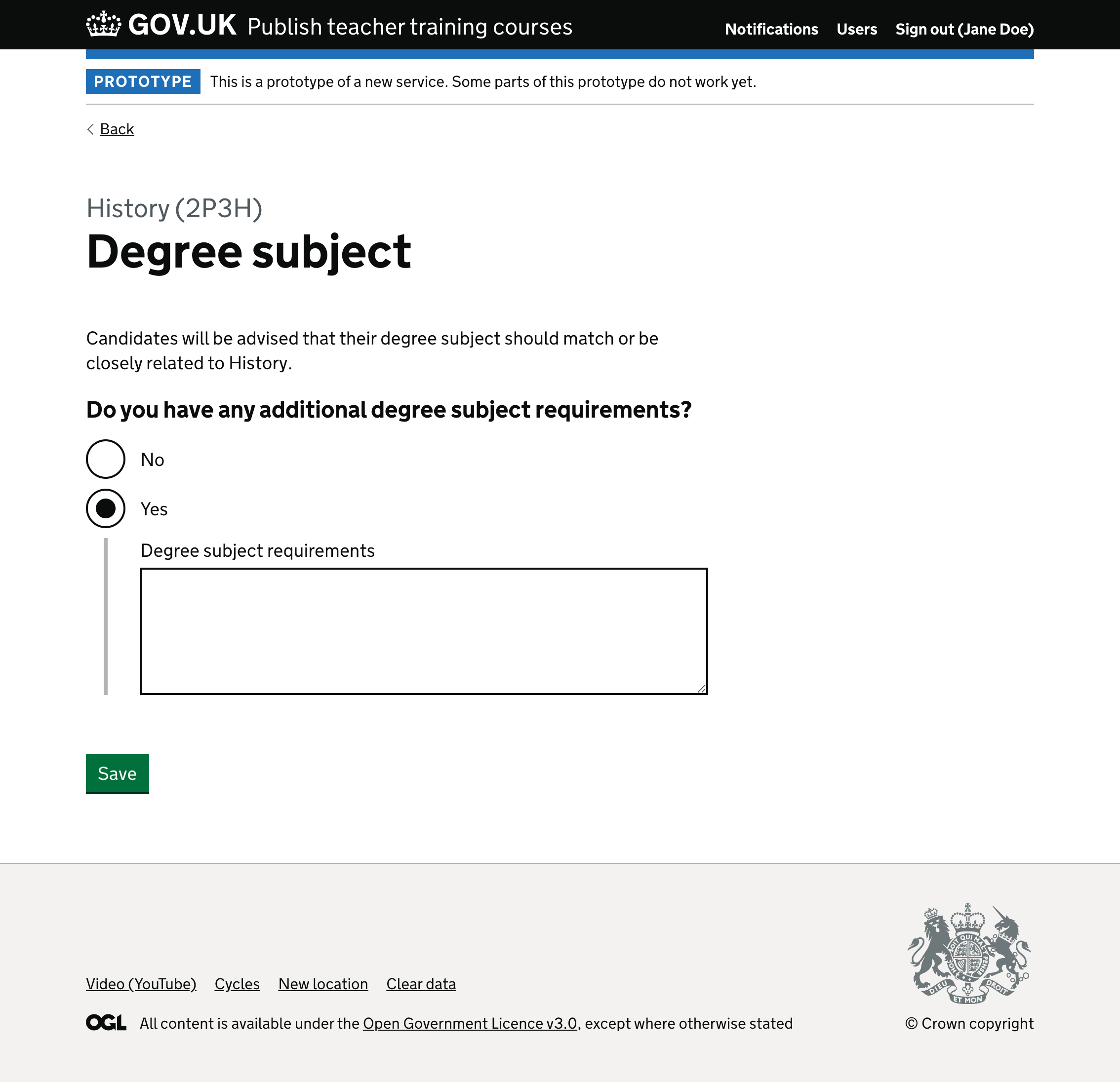 Screenshot of ‘Do you have any additional degree subject requirements?’ form.