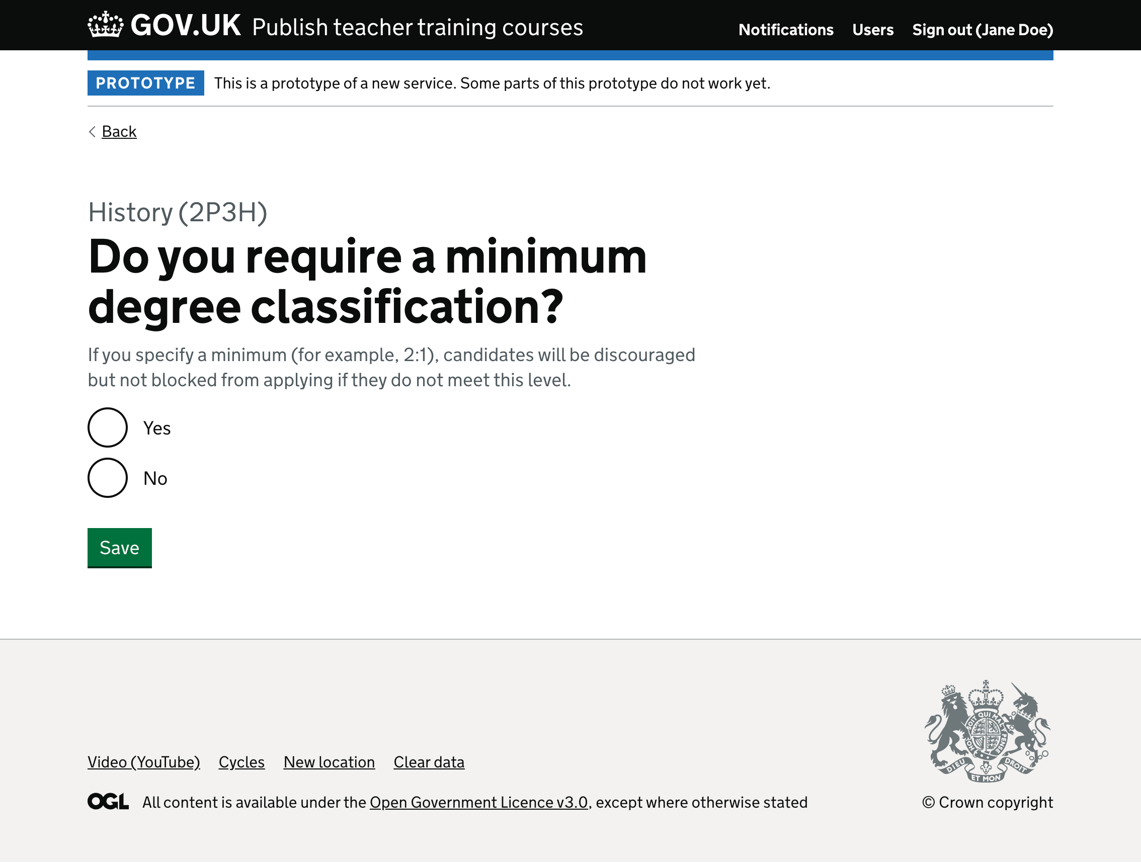 Screenshot of ‘Do you require a minimum degree classification?’ form.