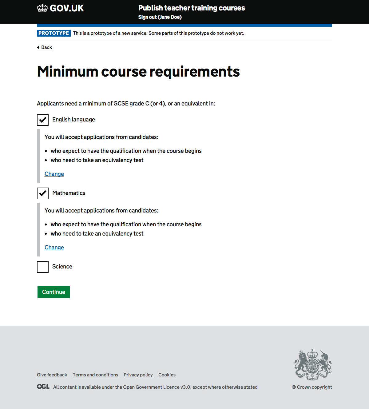 Screenshot of minimum course requirements.