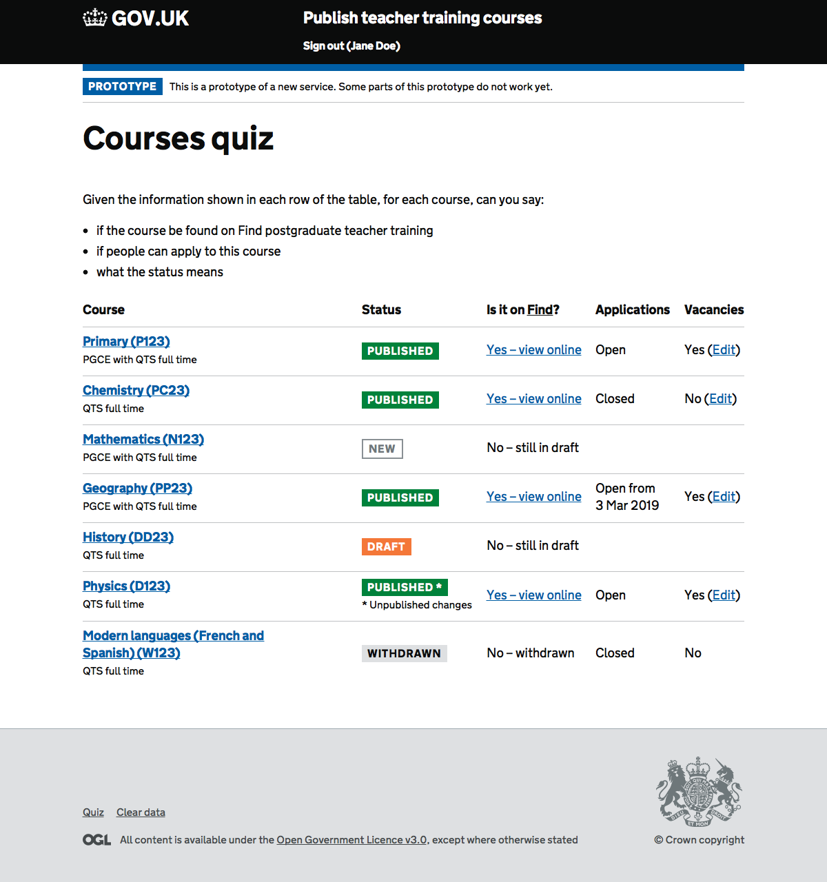 Screenshot of courses quiz.