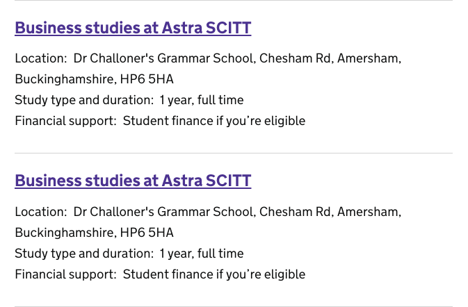 Screenshot of private beta search results. Two identical search results in private beta. One is PGCE with QTS, the other is QTS only.