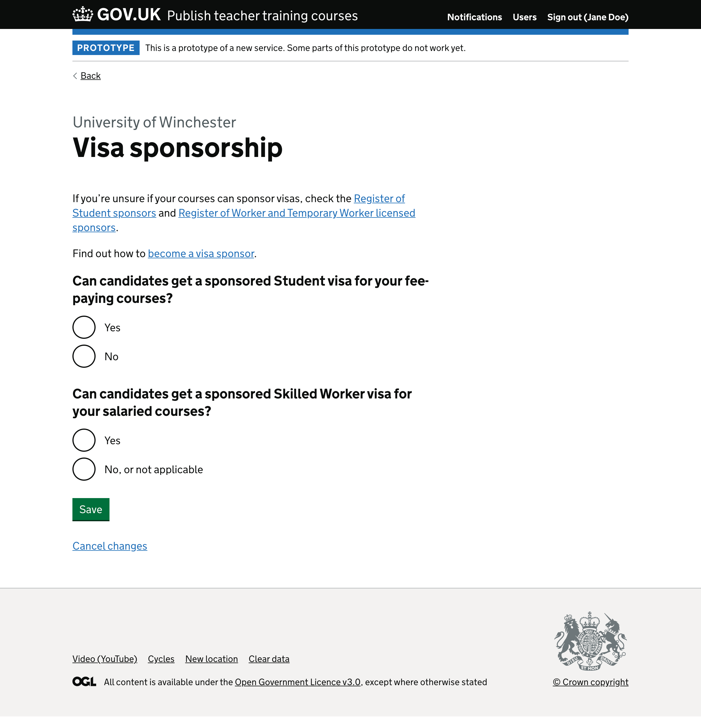 Screenshot of new visa sponsorship question.