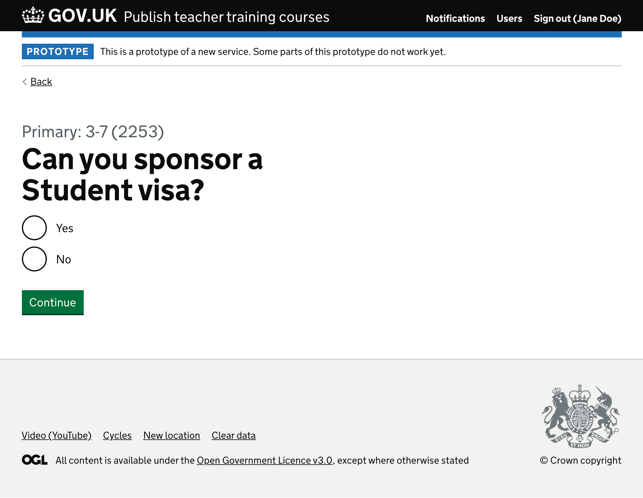 Screenshot of visa sponsorship question on a course page.