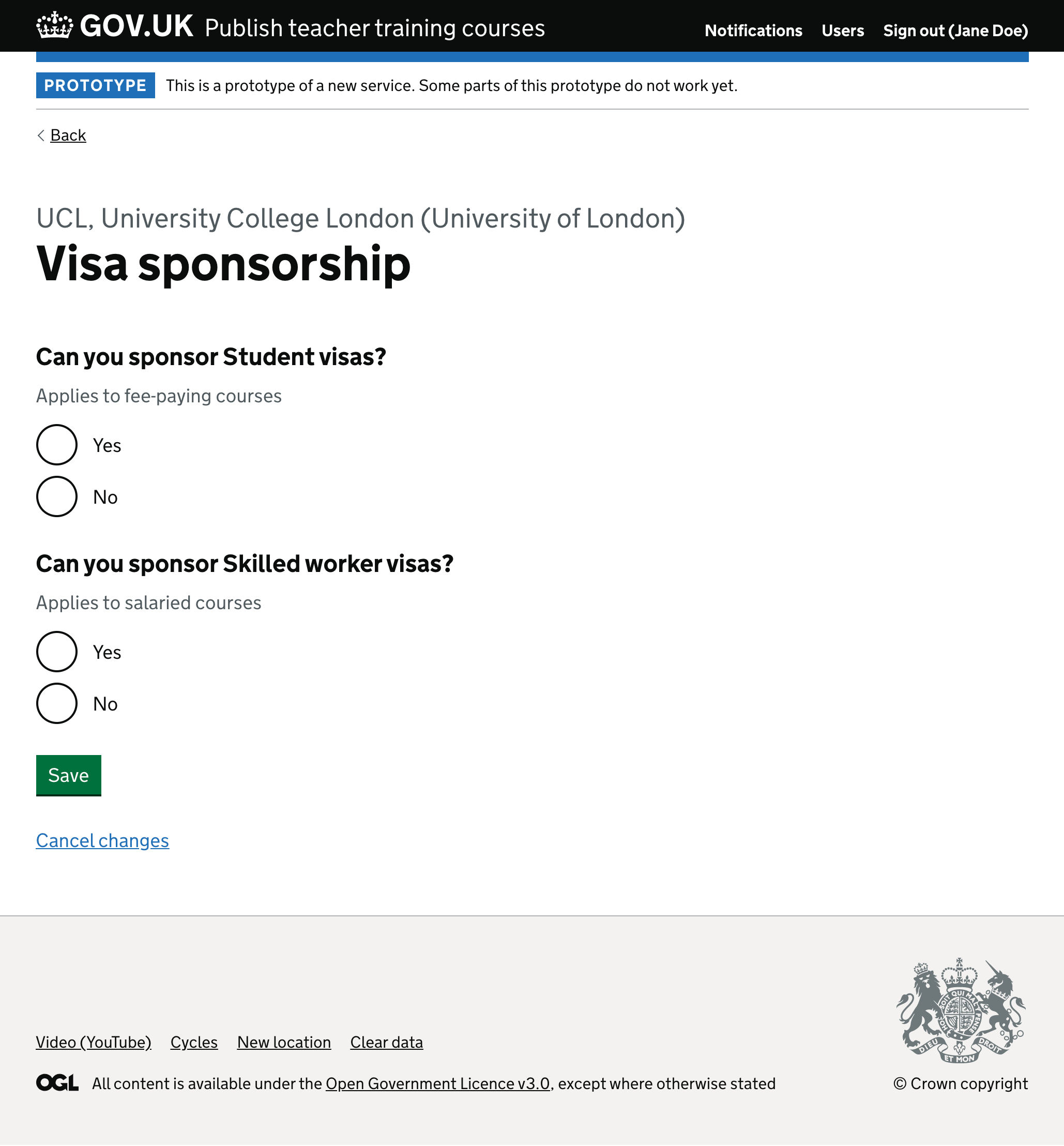 Screenshot of visa sponsorship question.
