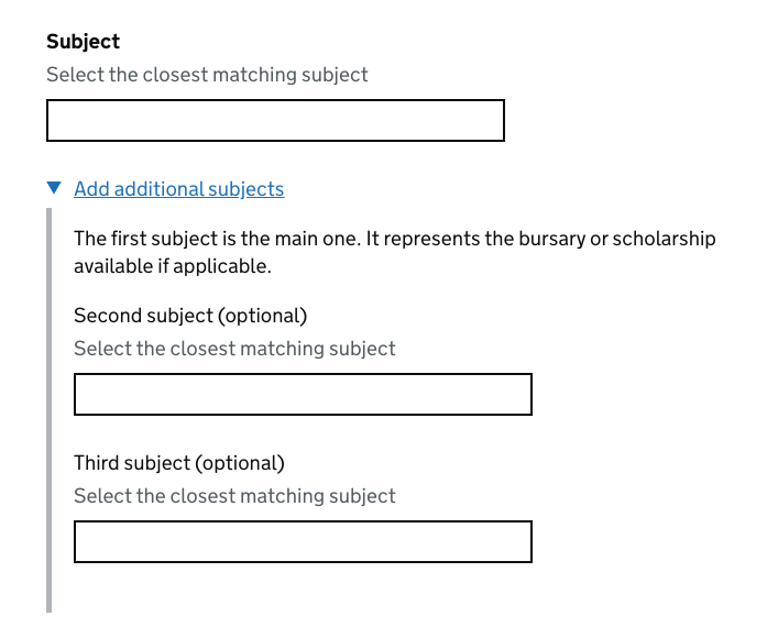 Our revised subject input – a details component reveals an autocomplete for second and third subject.