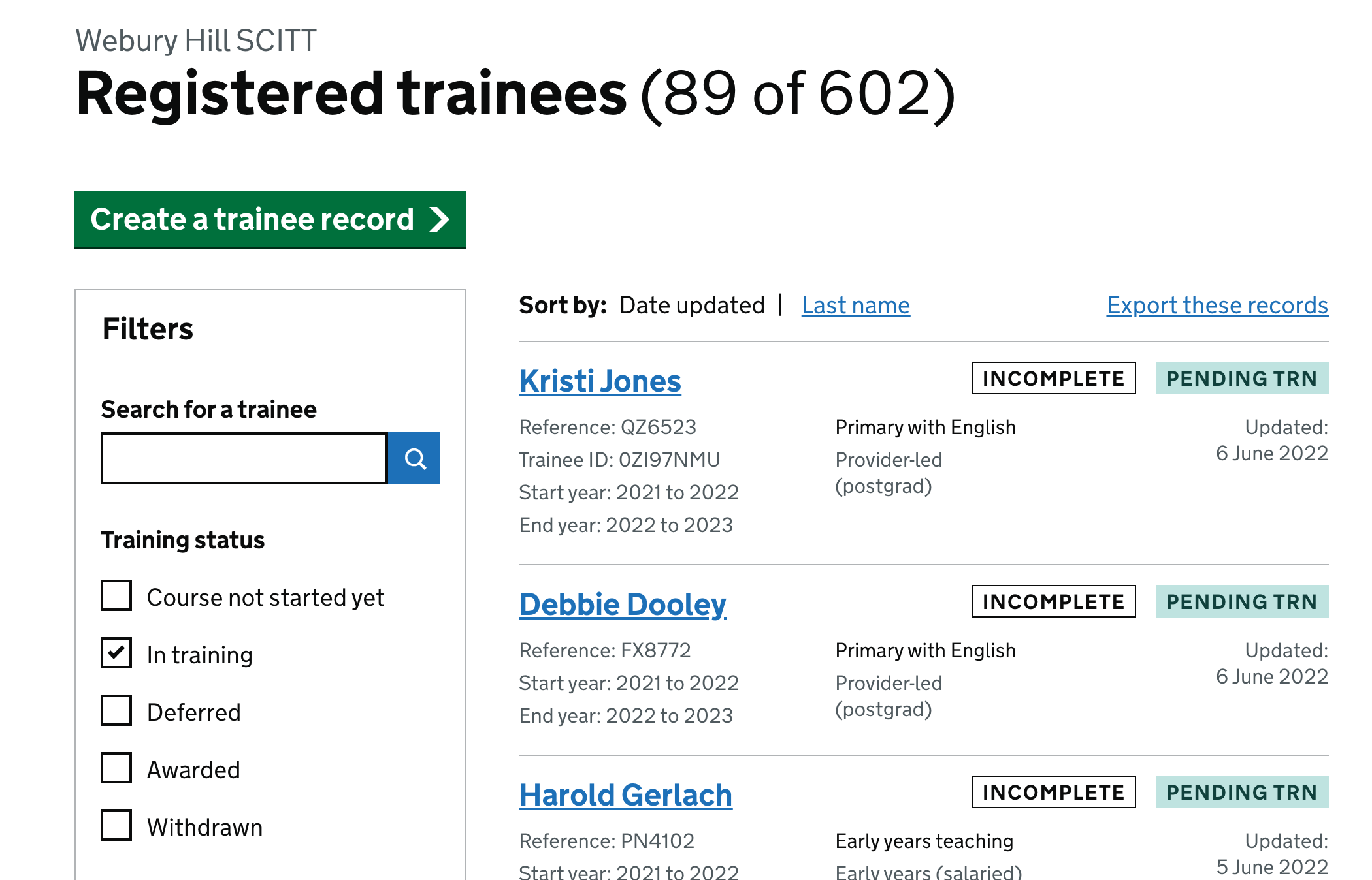 New filters for training status