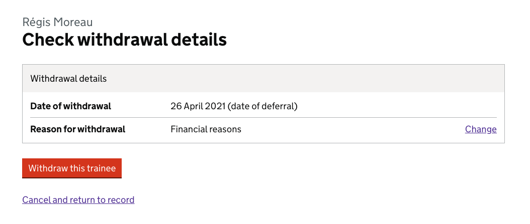The deferral date is shown on the confirmation page, and cannot be changed.