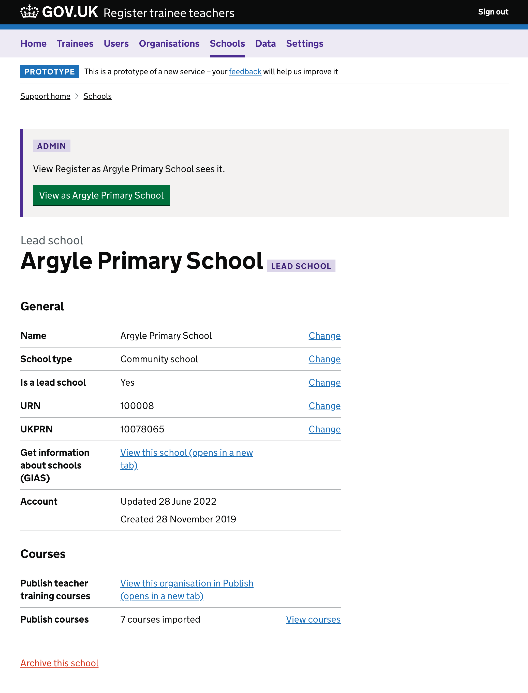 A page for showing information about a school. For lead schools it also shows users with access to that lead school.